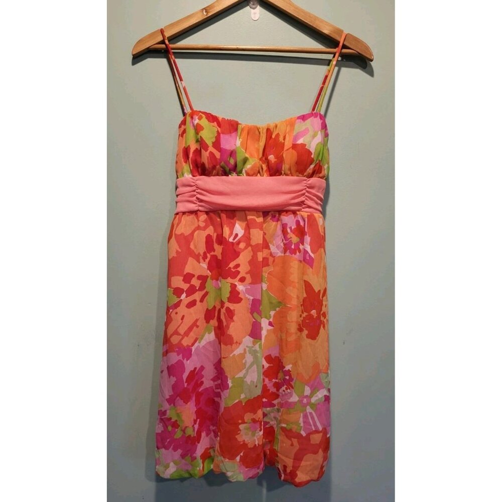 Y2K Pink Orange Floral Milkmaid Empire Waist Bubble Hem Sundress Sz 13 A. Byer